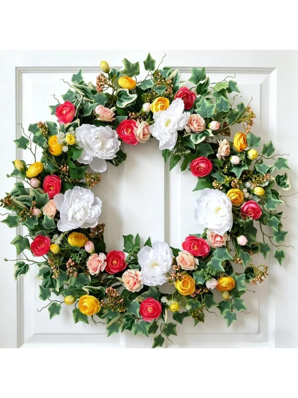 24-Inch Summer Floral Wreath - Artificial Peony & Rose, Colorful Green Leaves